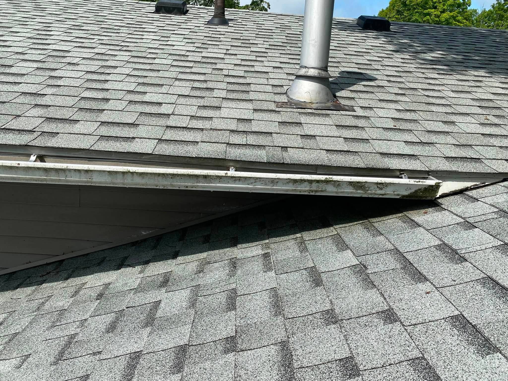 Close view of a gutter run packed with moss and green staining before cleaning