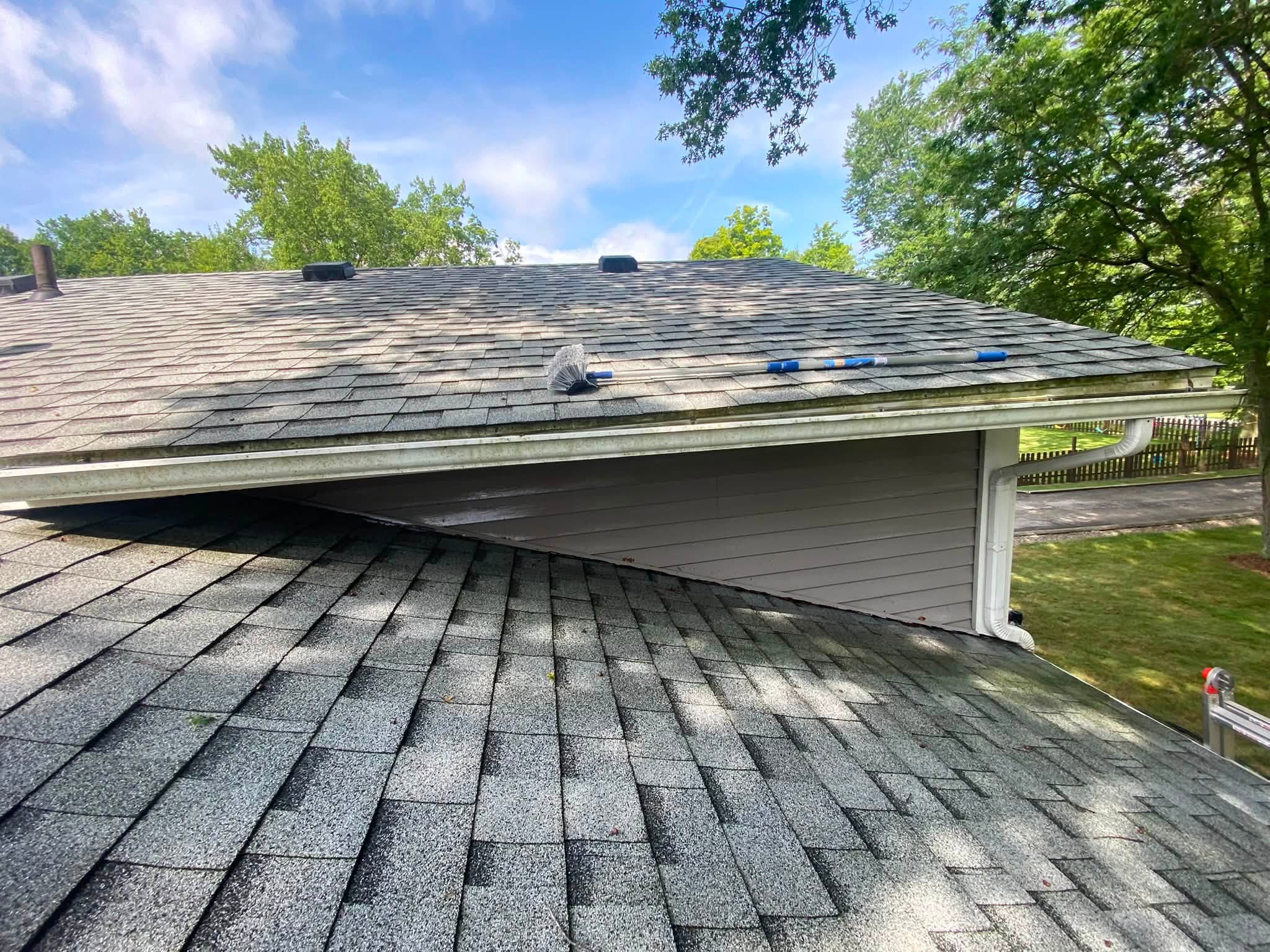 Shingle roof dark with algae streaking and gutters stained green before a soft wash