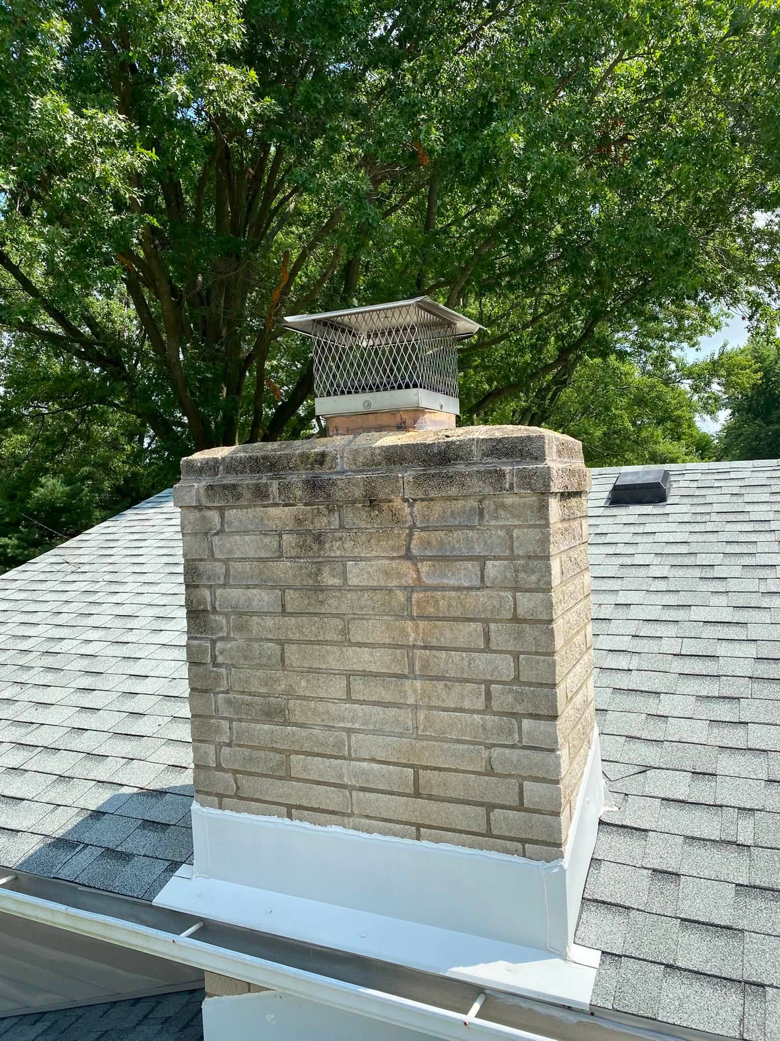 Brick chimney with dark algae staining across the crown and upper courses before washing